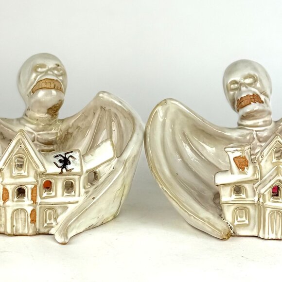 Vintage 1980 Ceramic Skeleton Haunted House Tea Light Candle Holders and candle - Picture 2 of 12